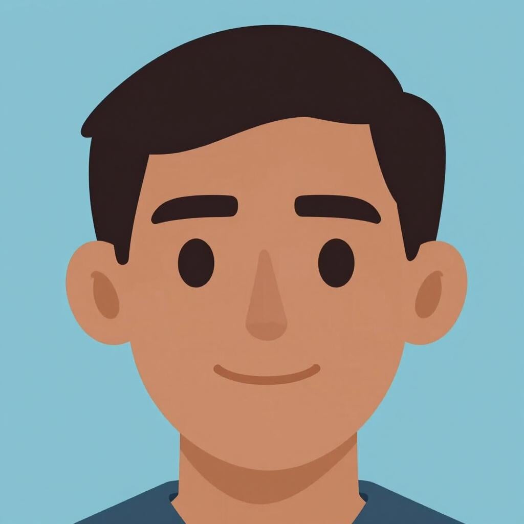 Um retrato de uma pessoa com uma tez quente, tom de azeitona, sorrindo contra um fundo azul suave.