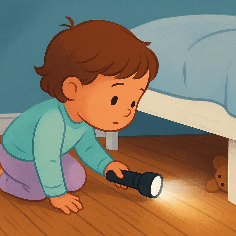 Un'illustrazione colorata che mostra un bambino piccolo inginocchiato e che cerca attivamente un orsacchiotto sotto un letto basso, usando una torcia.