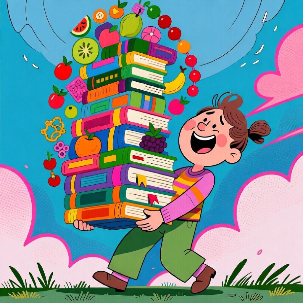 A person happily holding a massive, overflowing pile of gifts and everyday objects, symbolizing 'everything that' they possess.