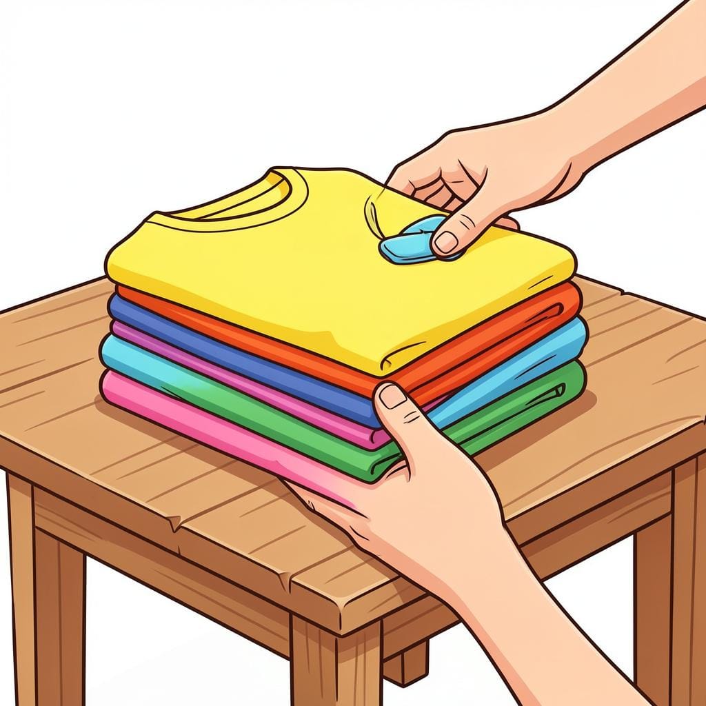 A neatly folded pile of fresh, colorful clothes being placed on a wooden table.