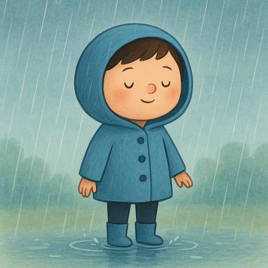 A person standing calmly in the rain, looking up at the gray sky with a serene expression, symbolizing acceptance of a difficult situation.