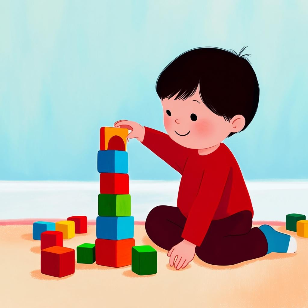 A child sitting on the floor placing the very first brightly colored wooden block onto the ground to begin building a tower.