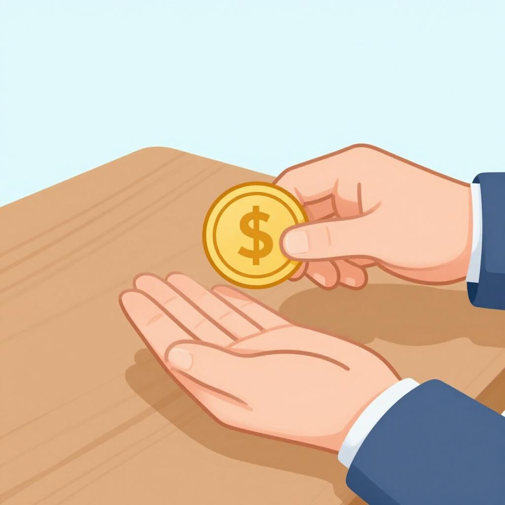 A person handing a gold coin to a clerk at a wooden counter.