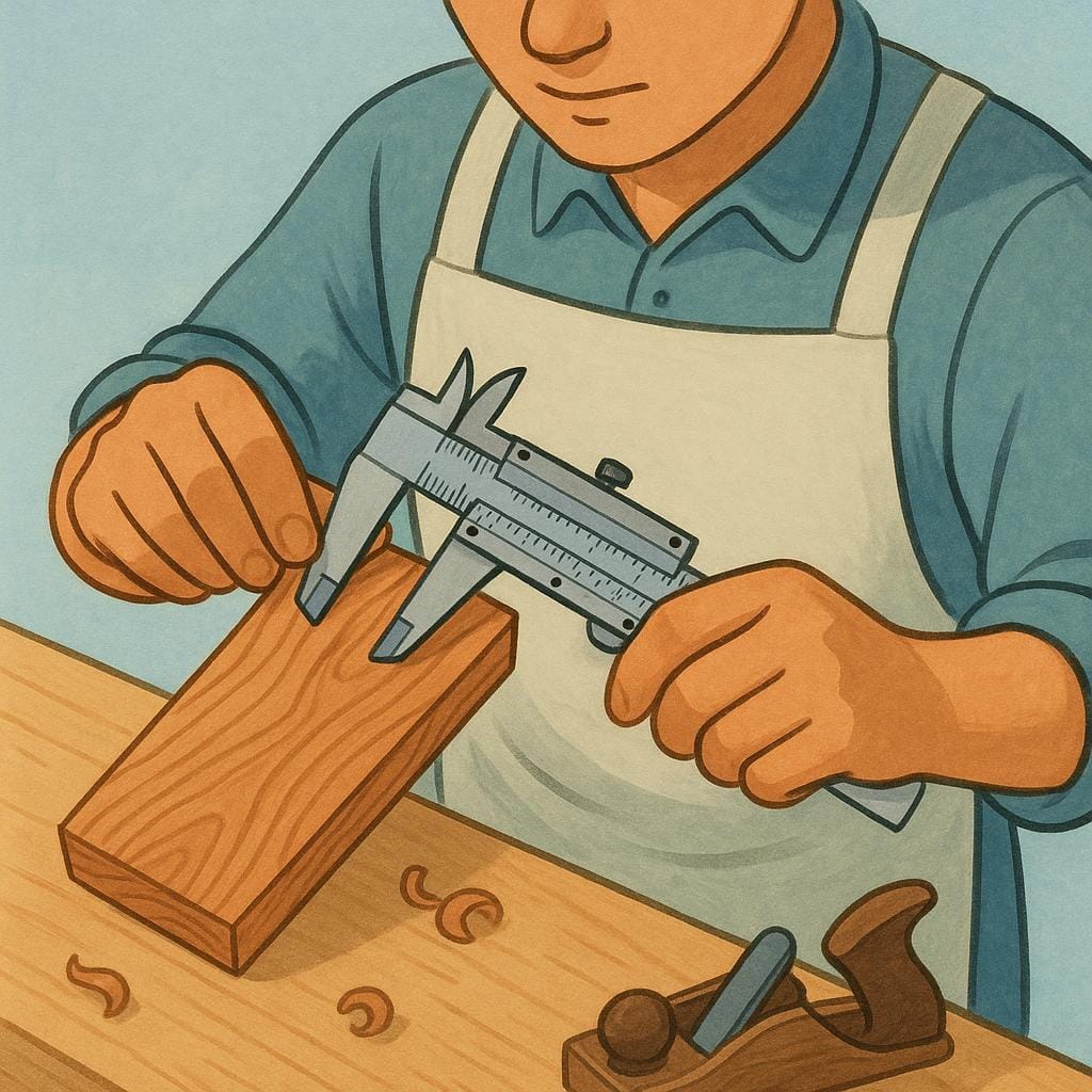 A skilled carpenter wearing a simple apron carefully measuring a perfectly crafted wooden object with a specialized caliper tool, demonstrating precision.