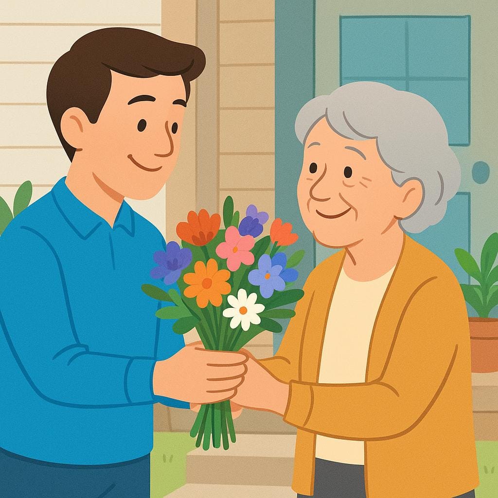 친절한 사람이 밝은 파란색 셔츠를 입고 미소 짓는 노인 이웃에게 다채로운 꽃다발을 부드럽게 건네는 동화 삽화.