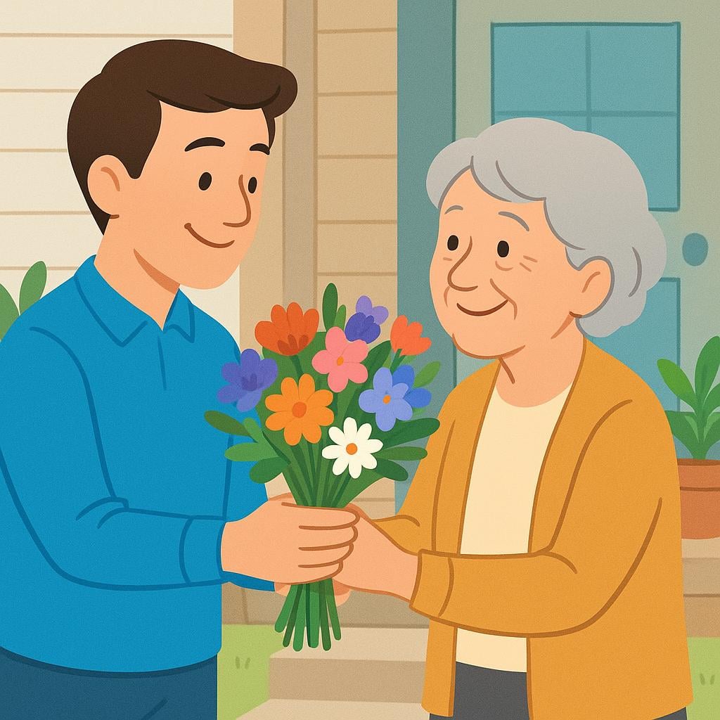 A storybook illustration showing a kind person wearing a bright blue shirt gently giving a bouquet of colorful flowers to an elderly neighbor who is smiling.