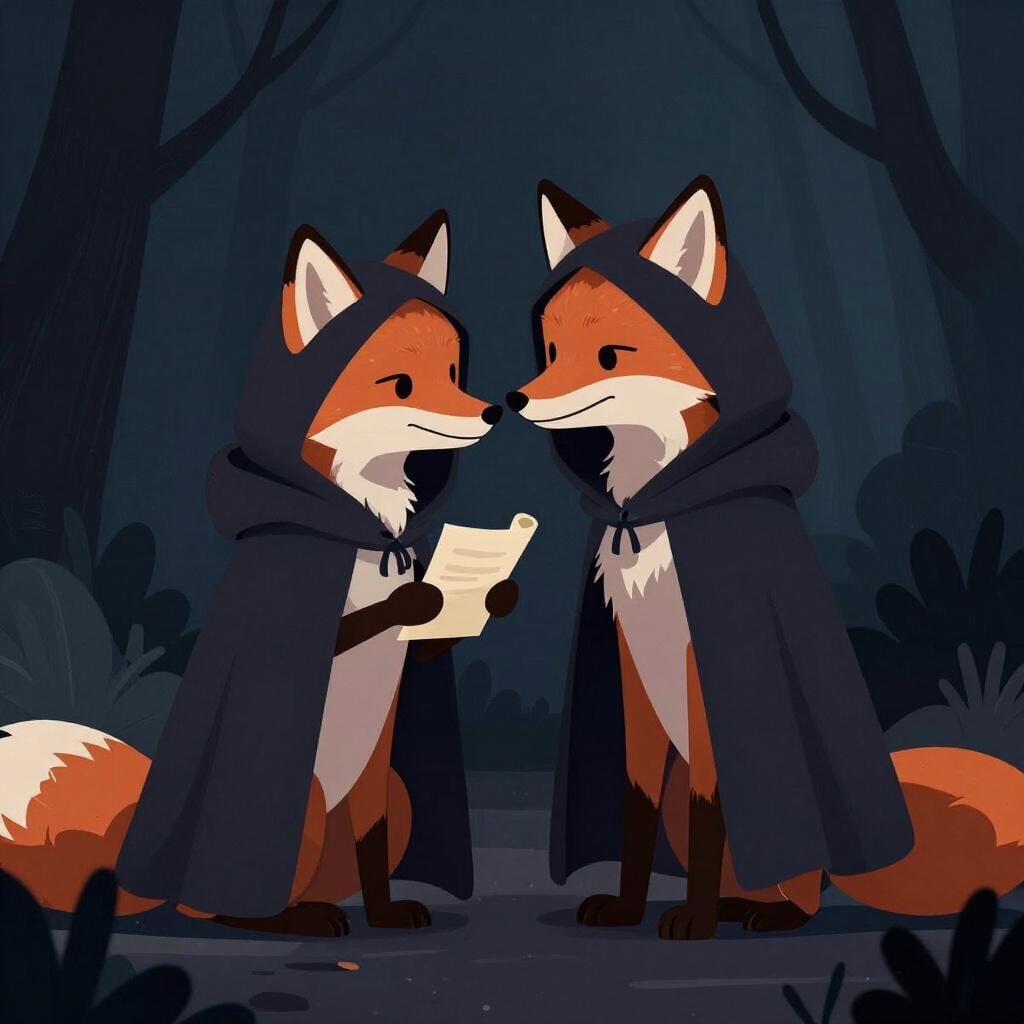 Two foxes wearing cloaks whispering to each other in a dark corner.