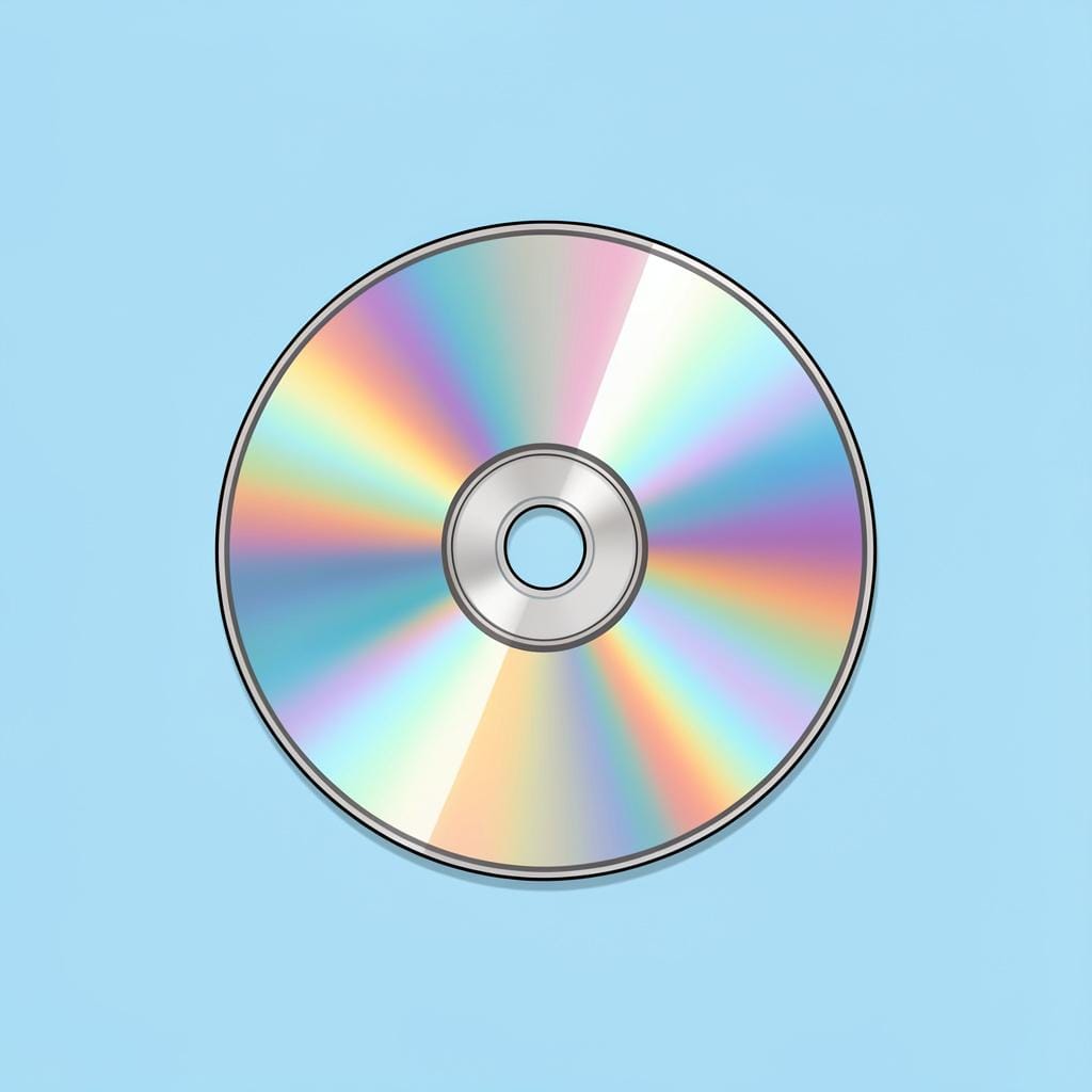 A shiny, iridescent compact disc with a rainbow-like reflection on its surface.