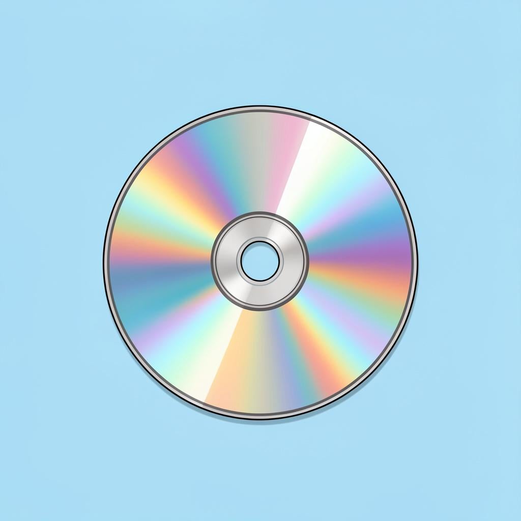 A shiny, iridescent compact disc with a rainbow-like reflection on its surface.