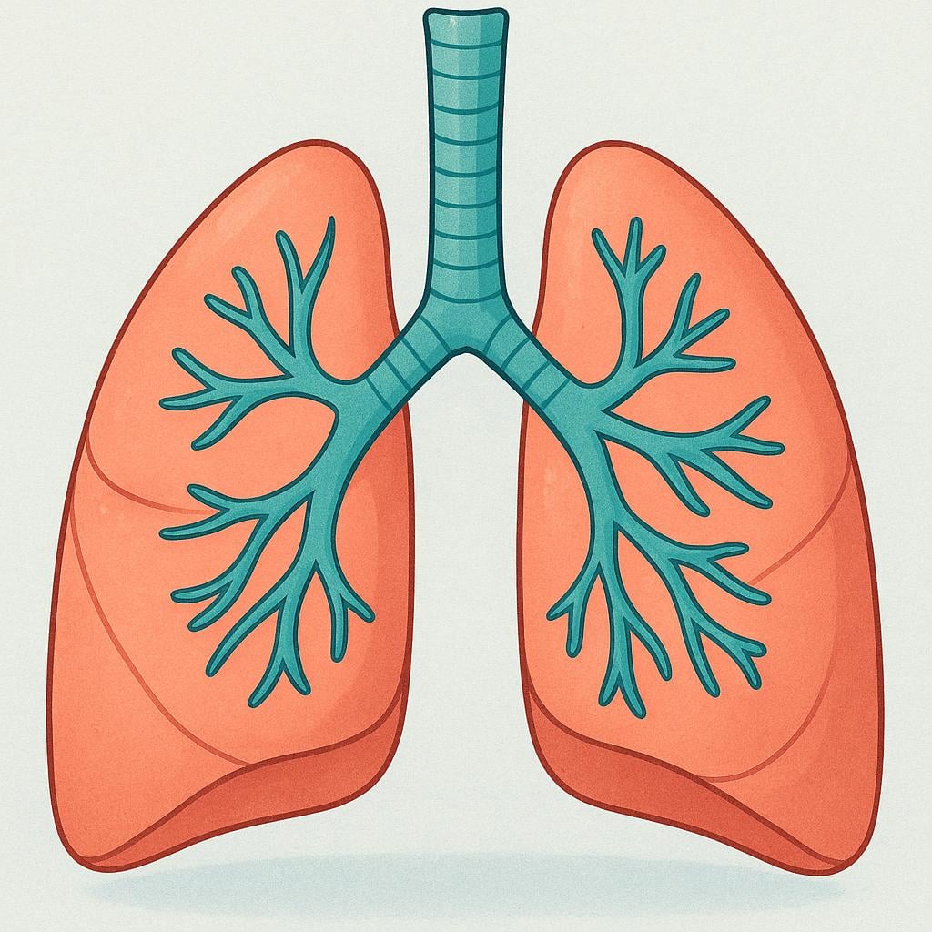 A simplified, colorful anatomical illustration showing a pair of pink human lungs, featuring the trachea and bronchial tubes against a neutral background.