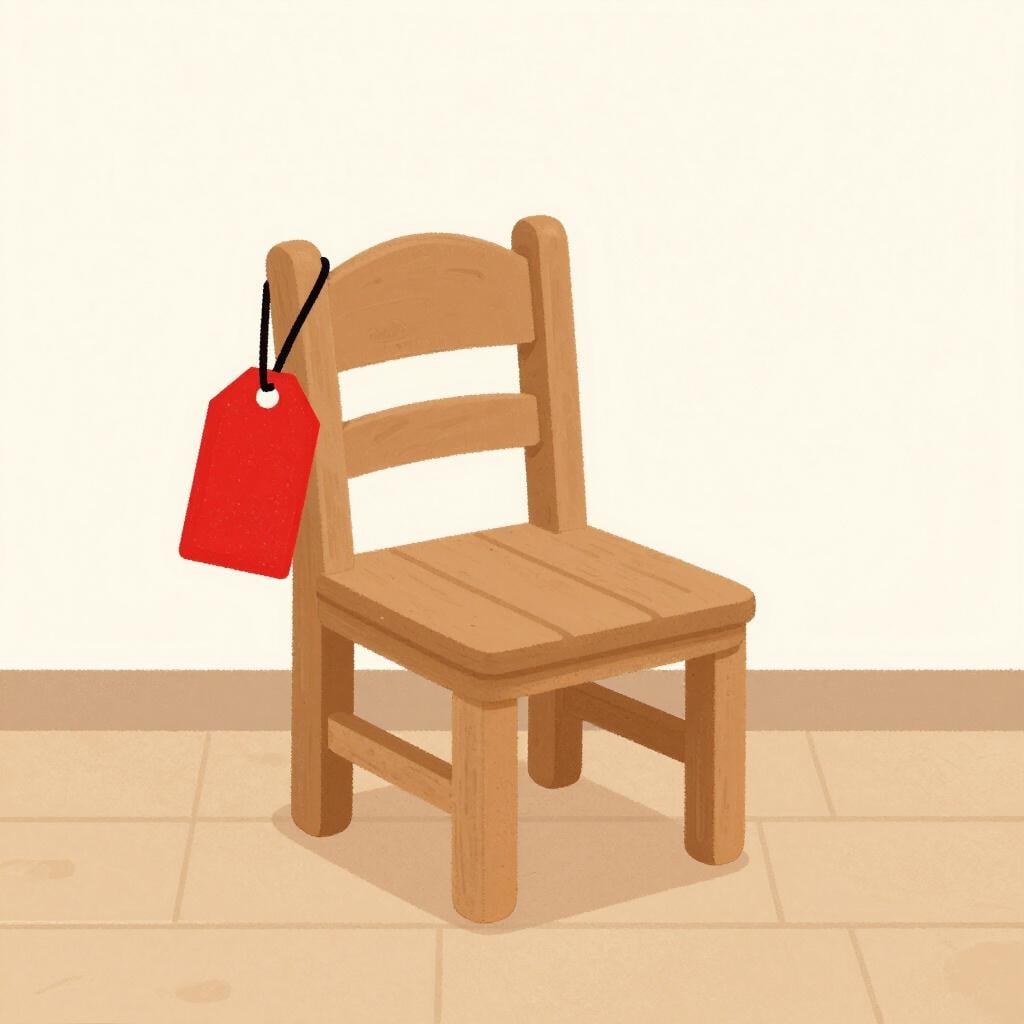 A small wooden chair with a bright red name tag hanging from it in a tidy classroom.