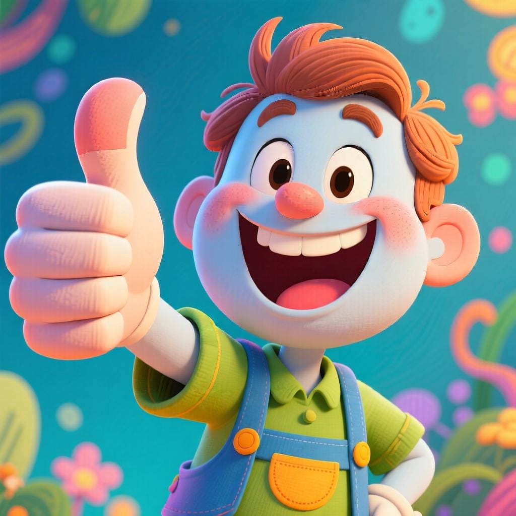 A friendly cartoon character giving a very enthusiastic, large thumbs-up gesture with a wide, confident smile, symbolizing strong affirmation.
