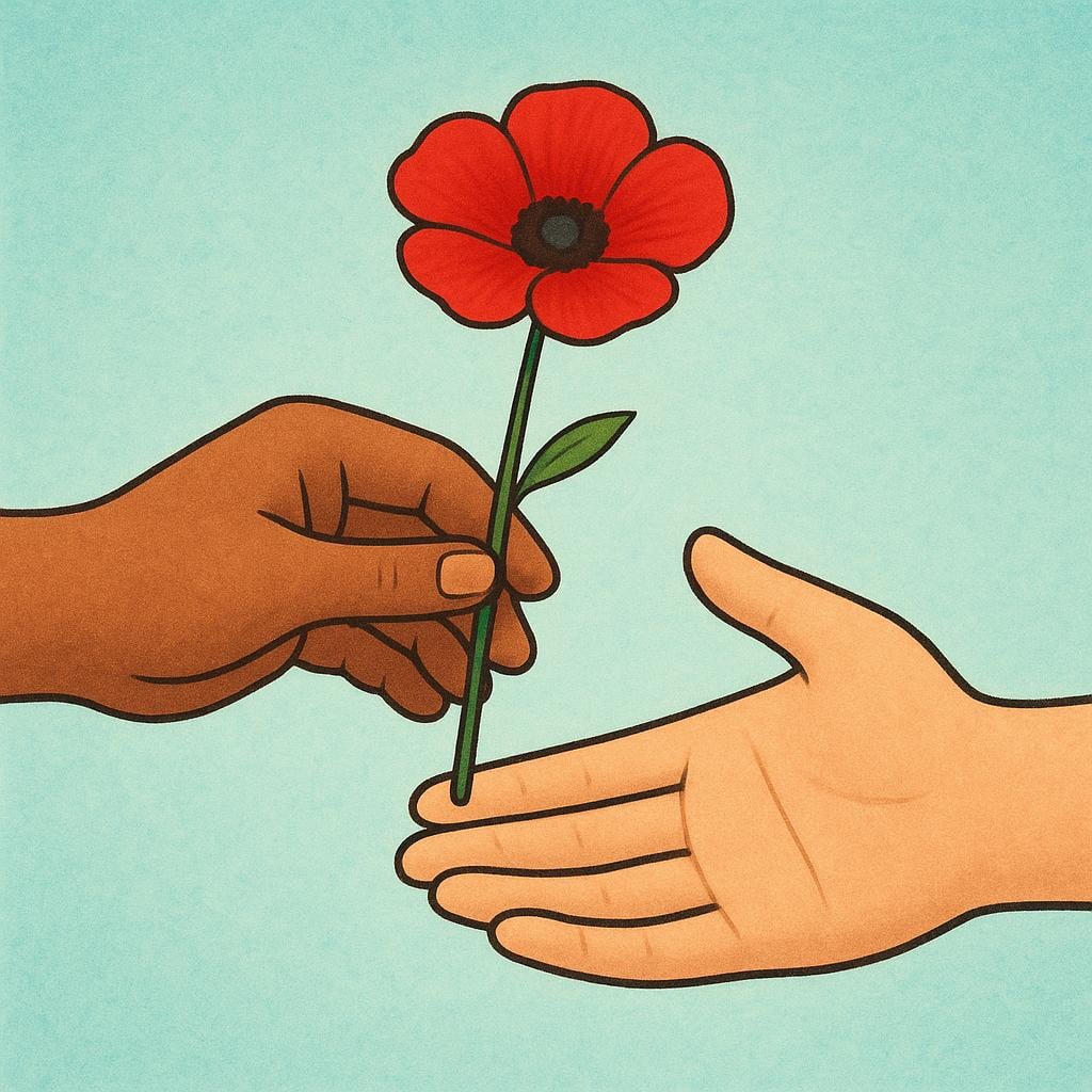 A simple illustration showing one hand gently offering a single red flower to another open, waiting hand.