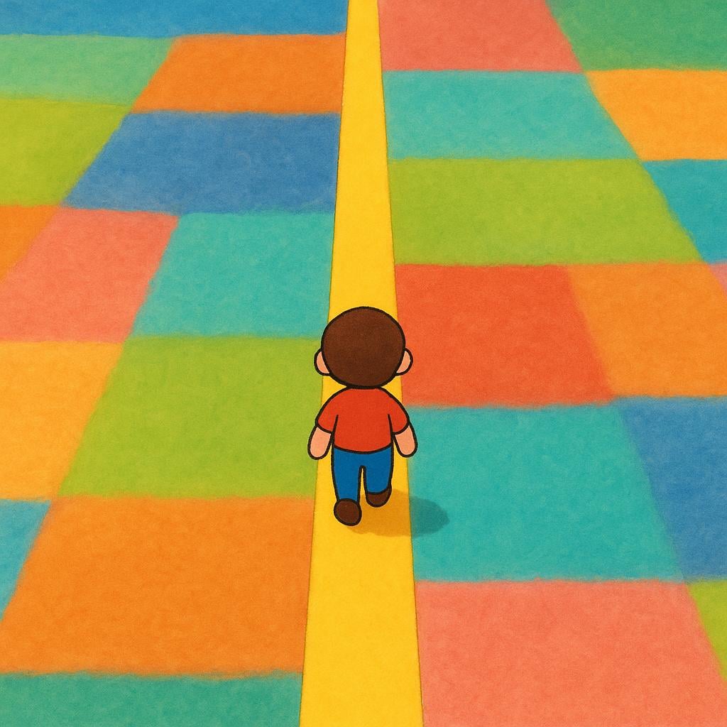 A stylized figure walking precisely on a thick, straight yellow line painted on the ground, symbolizing following a rule or guideline.
