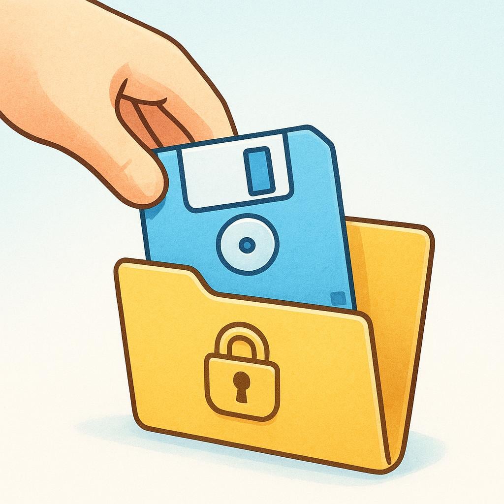 A cartoon hand gently placing a stylized, light blue floppy disk icon into a secure, stylized yellow digital storage folder.