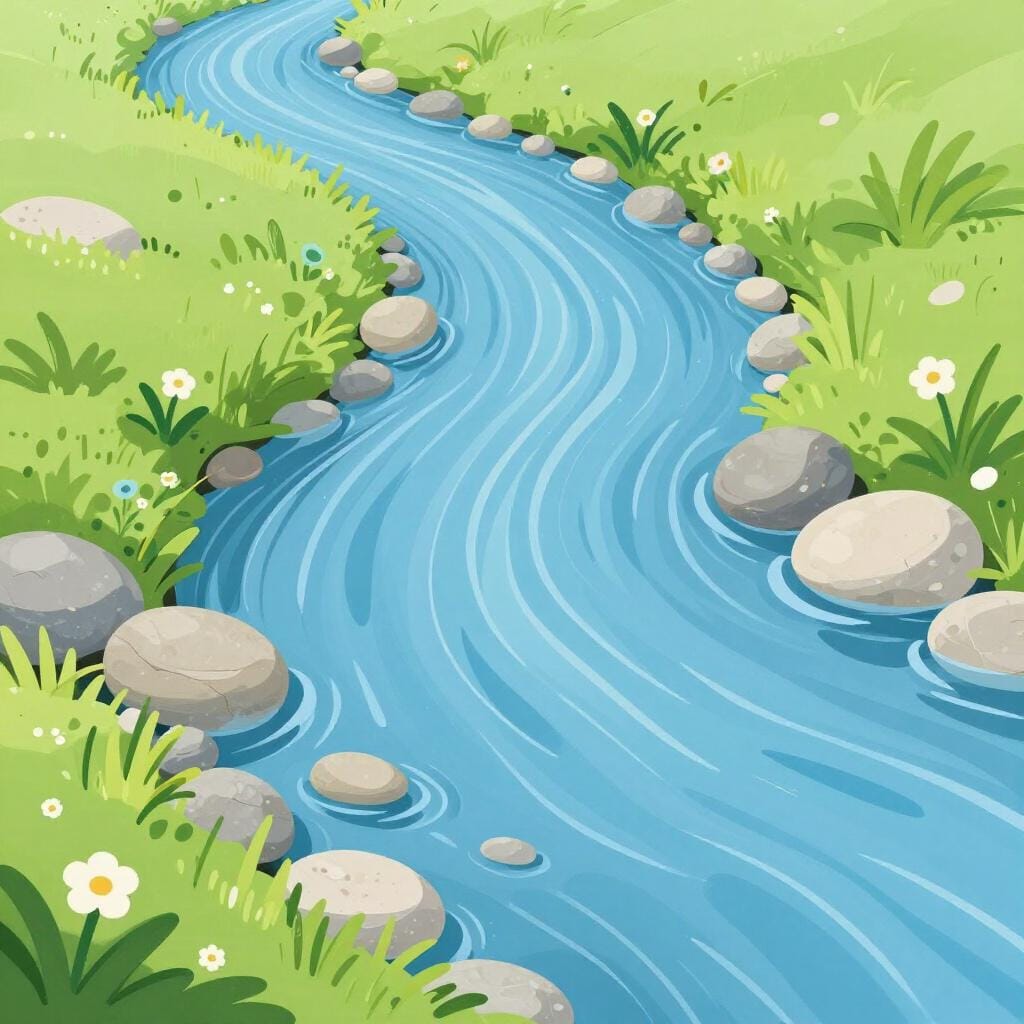 A small, clear stream flowing gently over smooth stones in a lush green forest.