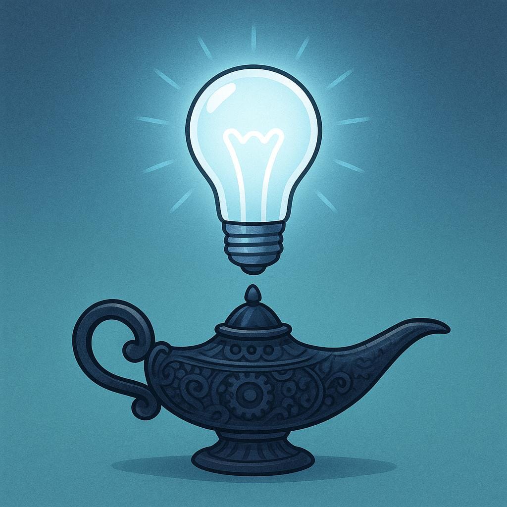 Uma ilustração de livro de histórias mostrando uma lâmpada brilhante e simples flutuando acima de uma lâmpada a óleo escura e complicada, simbolizando uma grande inovação ou avanço tecnológico.