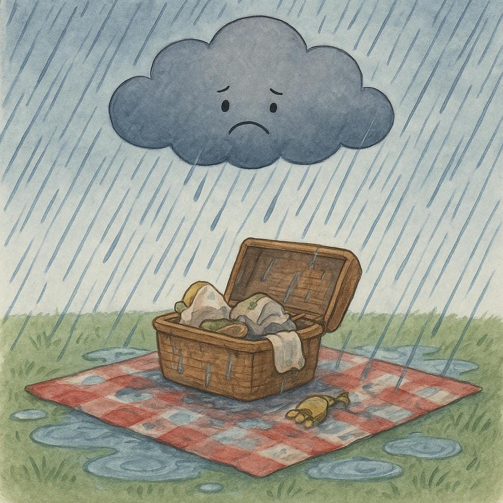 A colorful illustration of a picnic blanket and basket soaked by heavy, dark rain, symbolizing a horrible situation or experience.