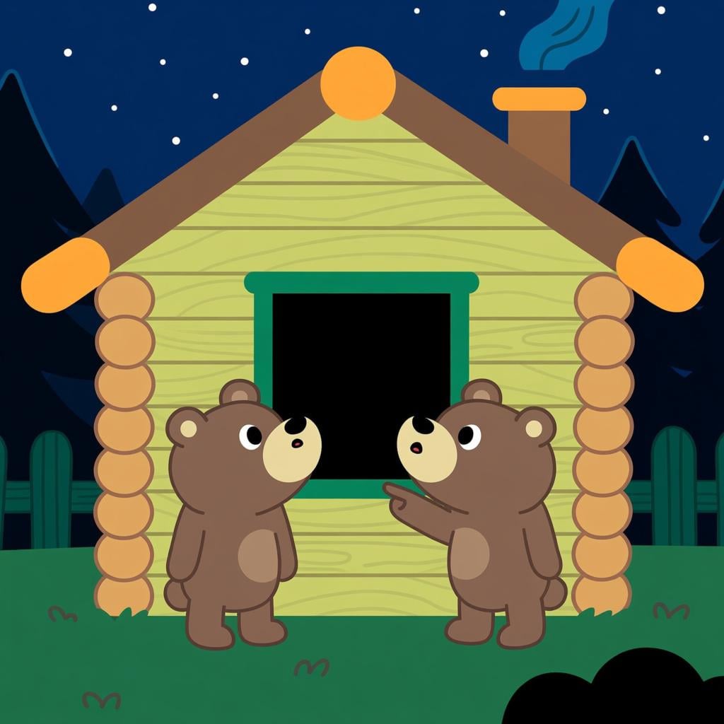 Two curious small cartoon bears peering through the dark, unlit window of a cozy wooden cabin at night, making the assumption that the inhabitants are asleep.