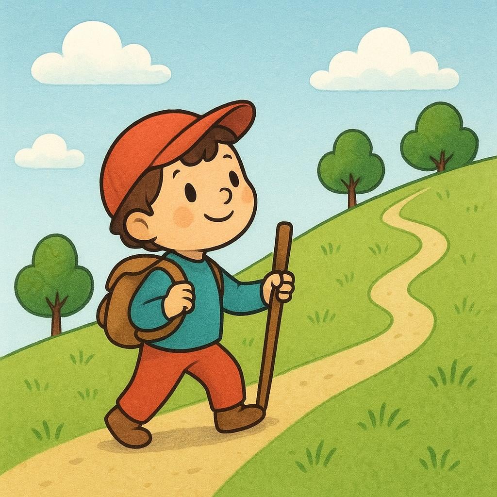 A simplified storybook scene showing a child standing at the bottom of a gentle green hill, holding a walking stick, symbolizing potential and ability.