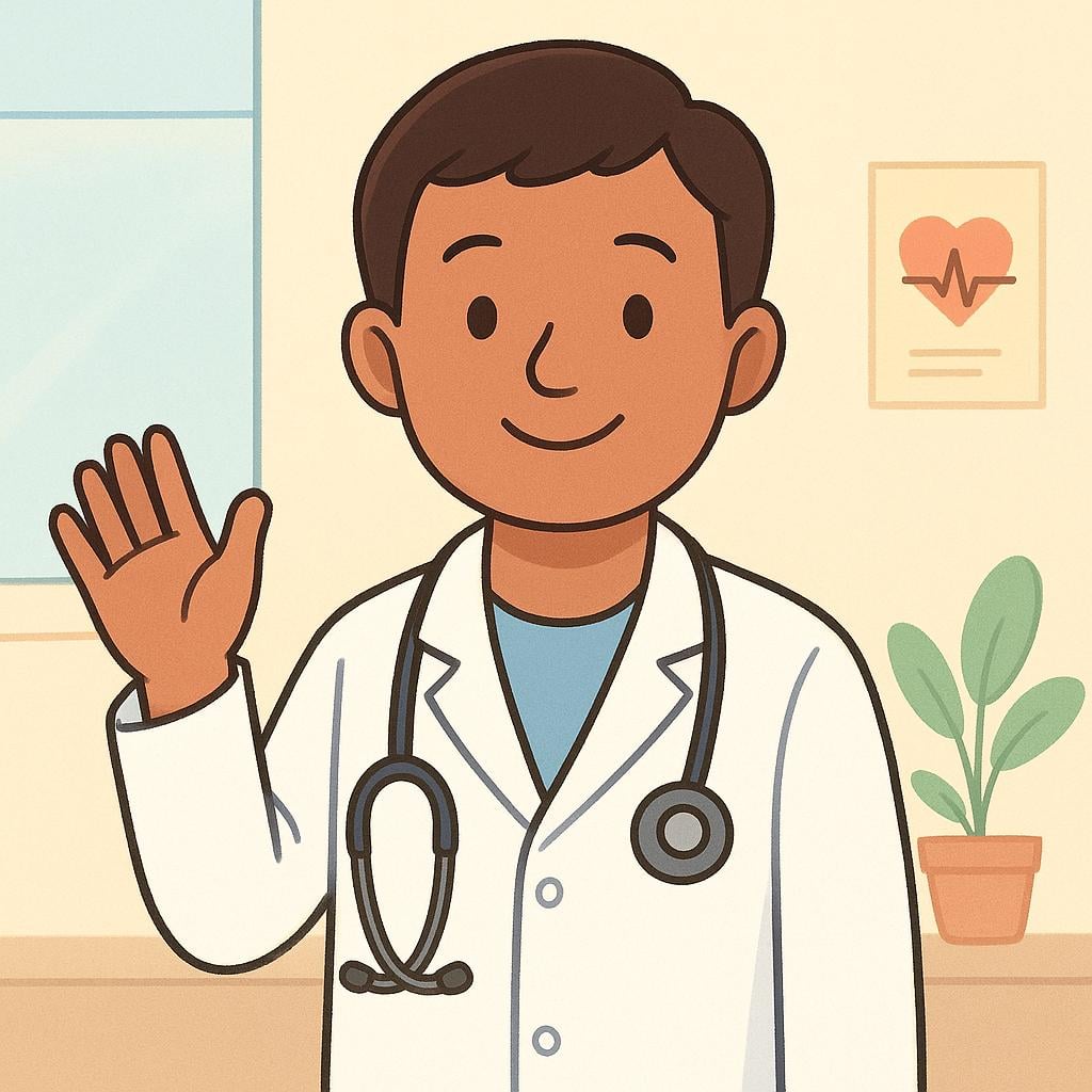 A friendly doctor wearing a white lab coat and a stethoscope, smiling directly at the viewer.