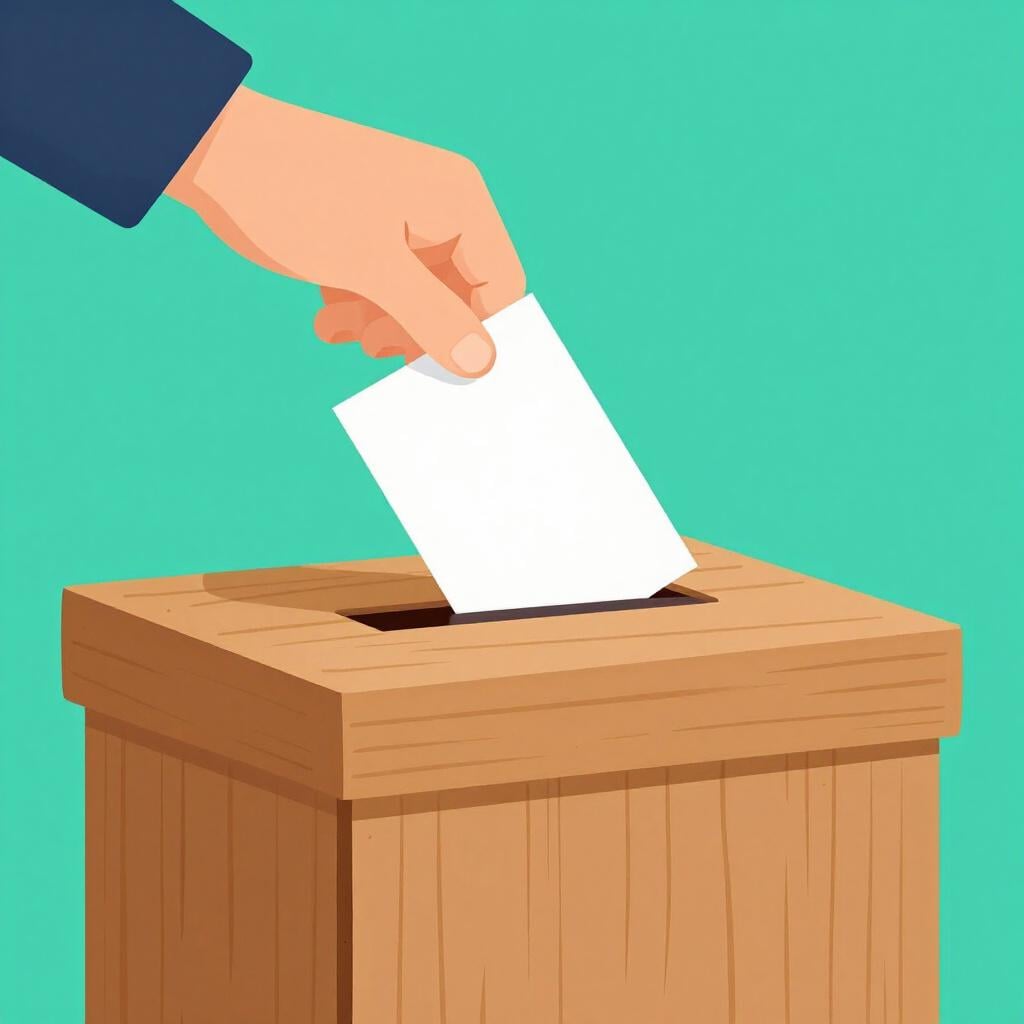 Une main glisse un bulletin de vote dans une urne en bois.