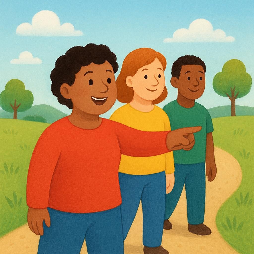 A cheerful person standing at the front of a line of three followers, actively pointing forward down a simple dirt path.