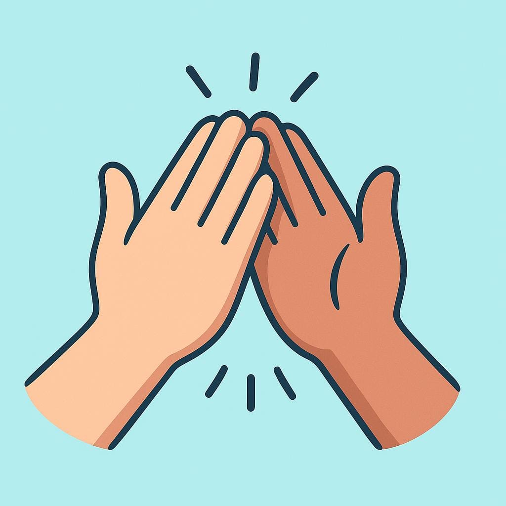 A pair of human hands enthusiastically clapping together, with small curved lines indicating the sound of the applause.