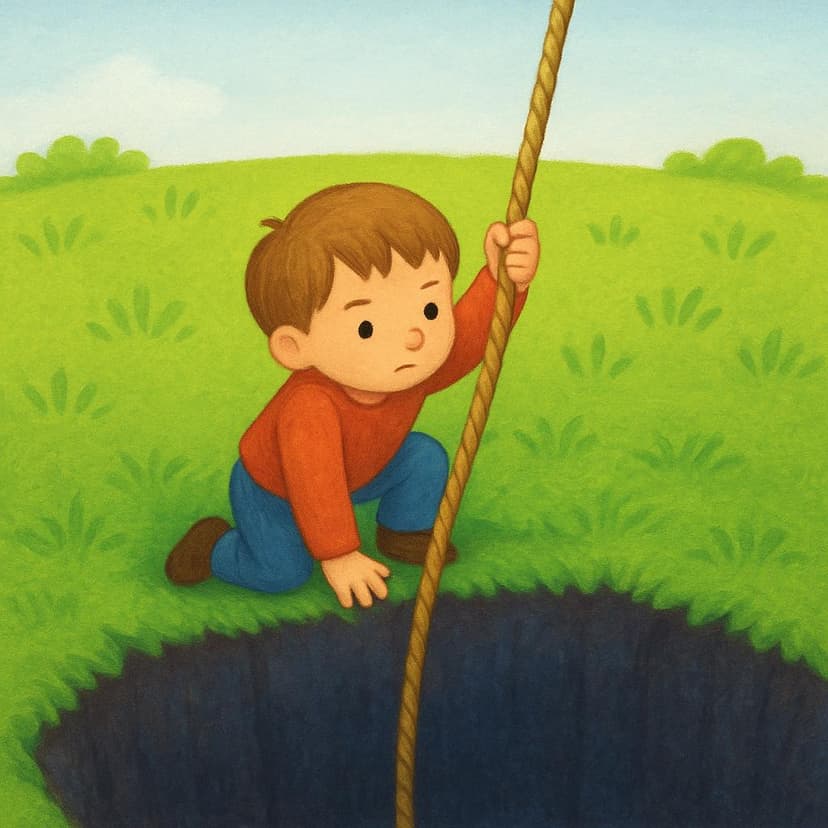 A colorful storybook illustration showing a small child character pulling themselves up onto a safe, grassy ledge using a rope, escaping a deep, dark pit below.