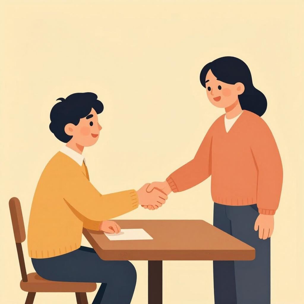 A friendly group of people smiling and reaching out to shake hands across a table.