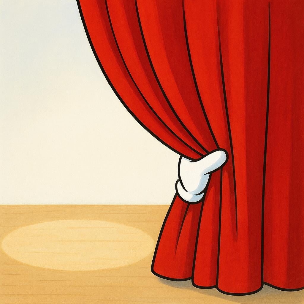 A dramatic, colorful red stage curtain being pulled fully open by a hand wearing a white glove, revealing a bright, empty stage, symbolizing the commencement of an activity.