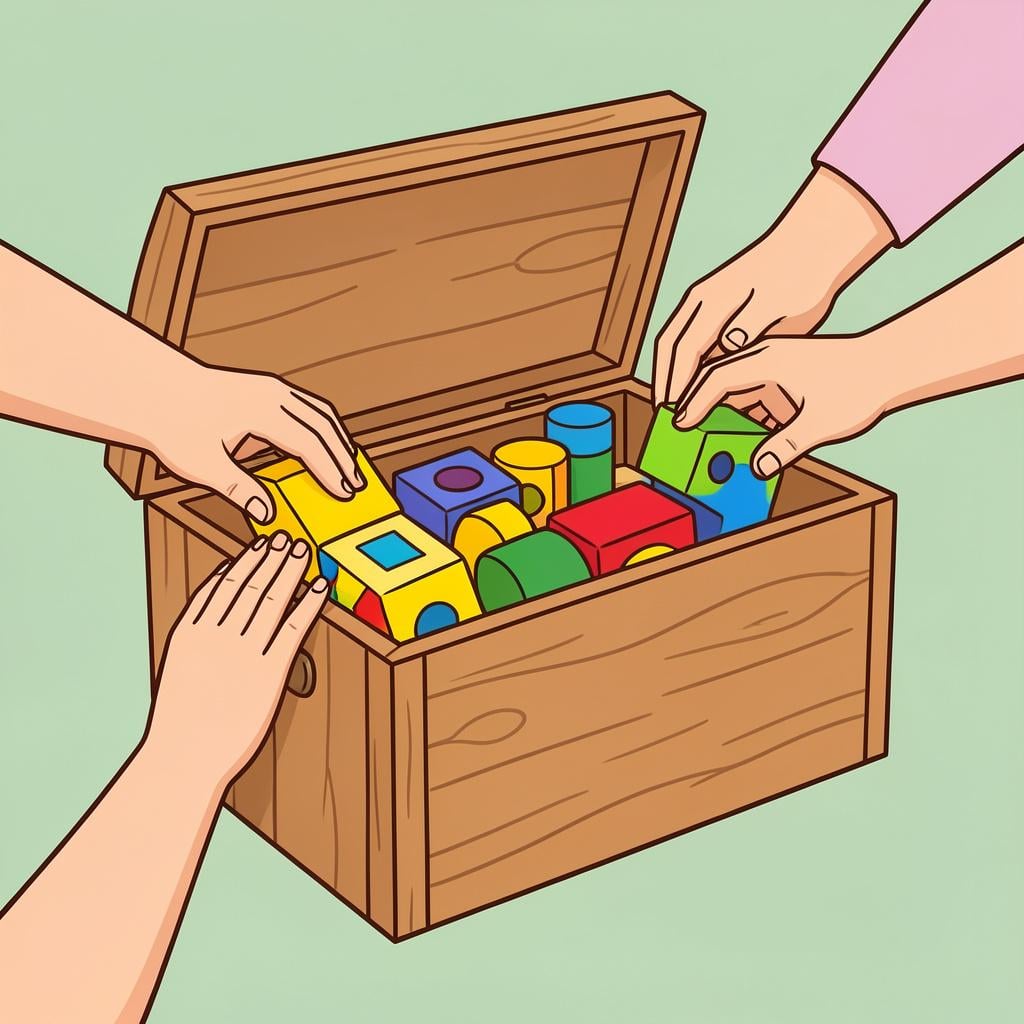 A group of hands placing colorful wooden blocks into a wooden chest.
