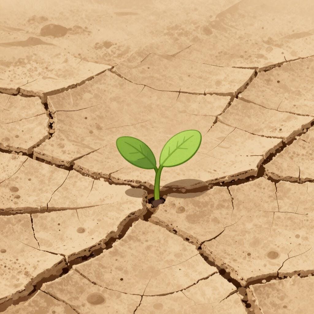 A single green sprout growing out of a vast, dry desert.