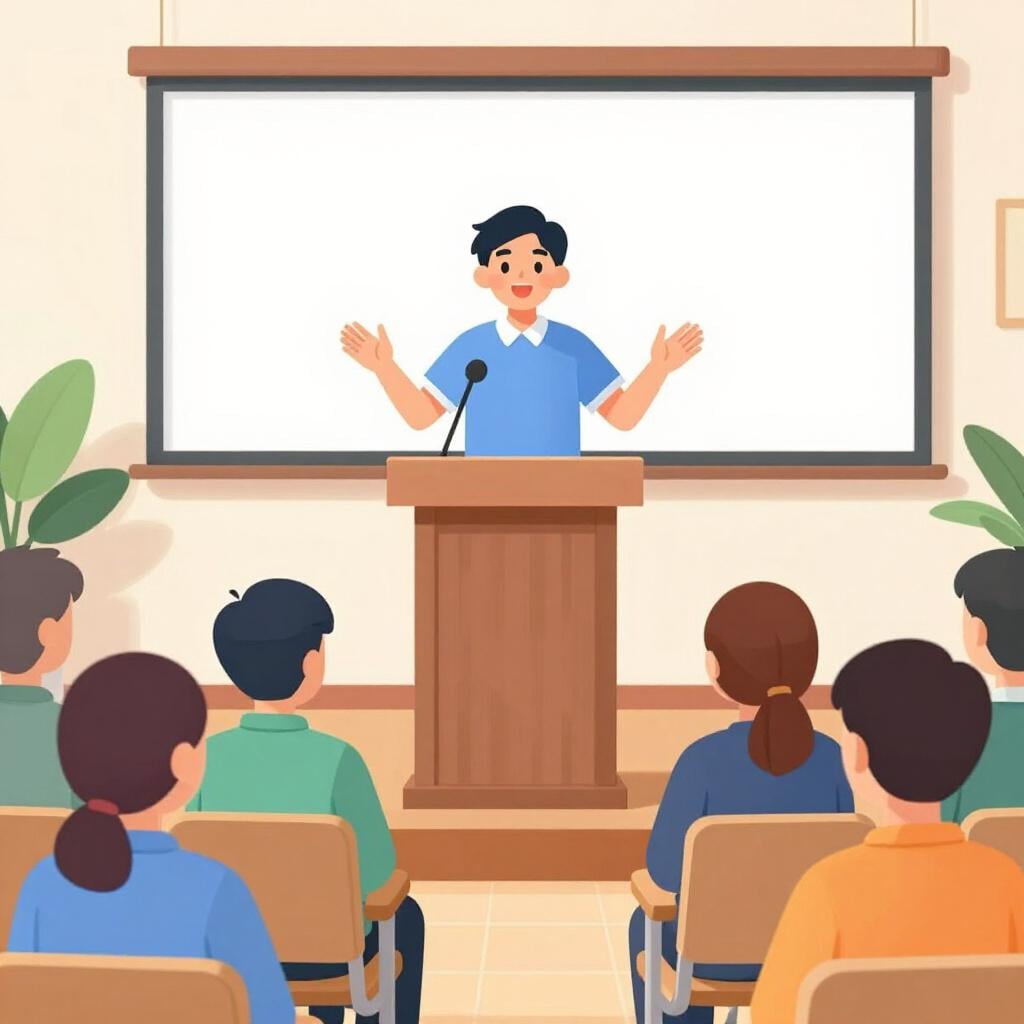 A person standing at a wooden podium speaking to a seated audience in a bright hall.