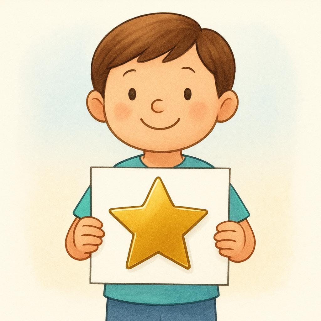 A cheerful student holding up a paper sheet that has been stamped with a large, golden star, symbolizing success on an exam.