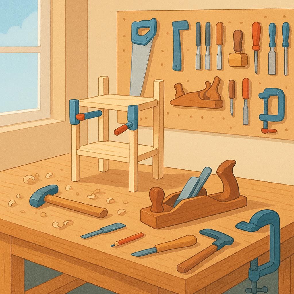 A brightly lit interior of a carpentry workshop showing a wooden workbench, various hand tools hanging neatly on the wall, and a piece of unfinished furniture.