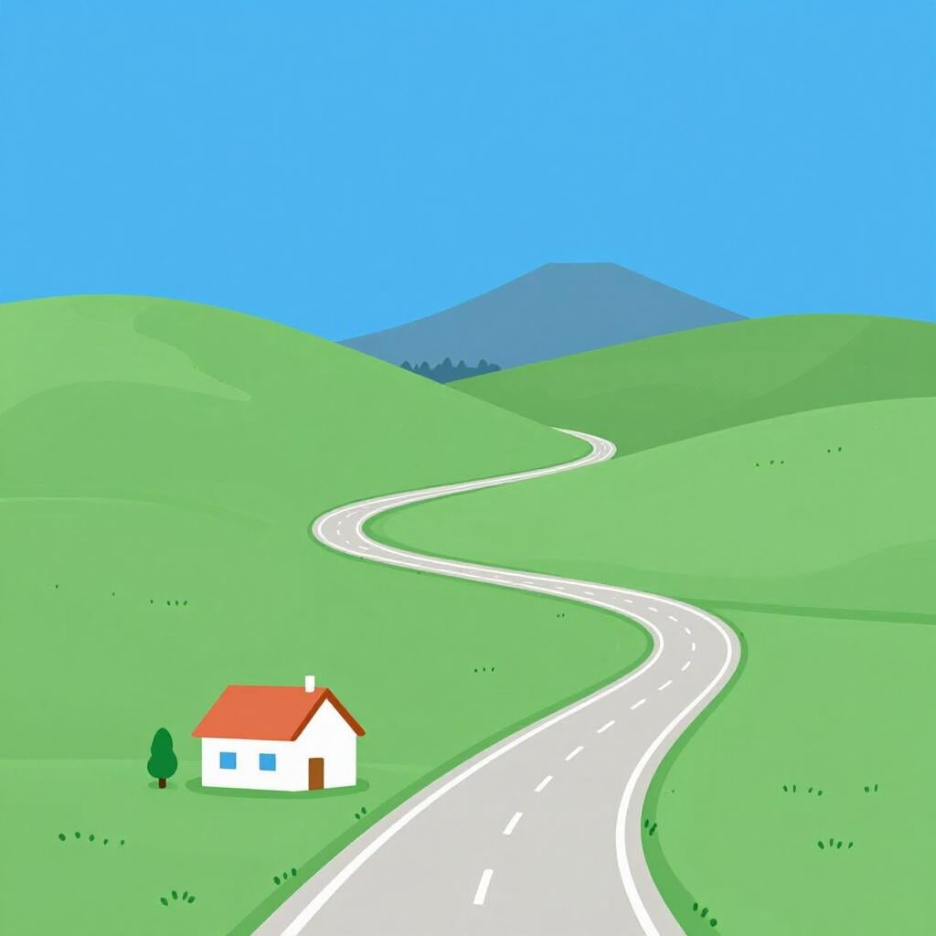 A winding road stretching across a beautiful landscape from one point to another.