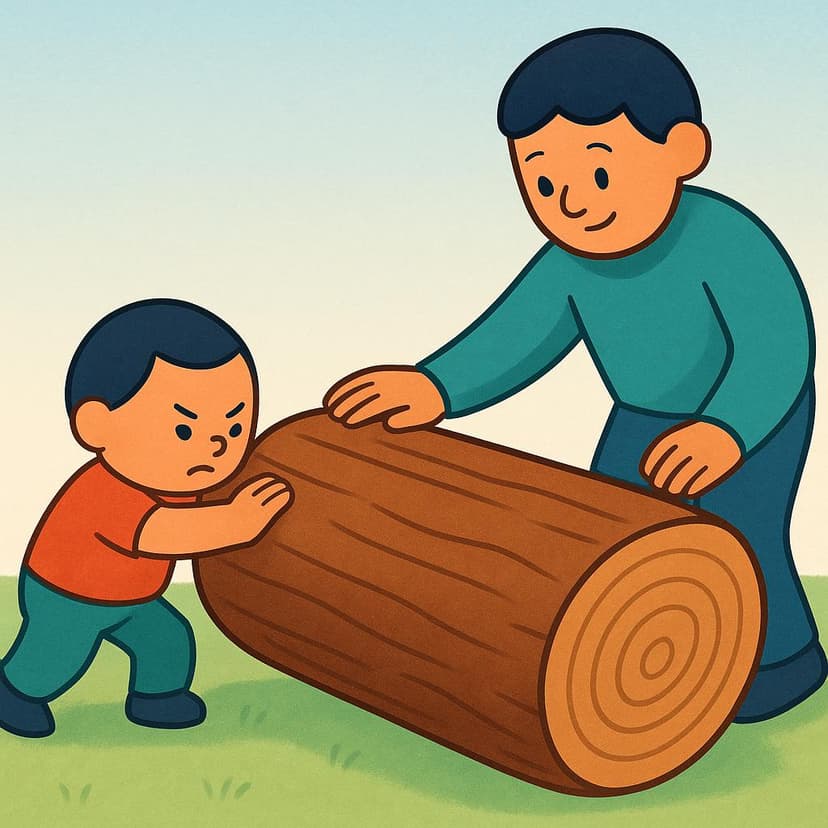 A small, stylized character is struggling to push a large, heavy brown log. A second, larger stylized character is reaching out a supportive hand toward the log, clearly indicating an intent to assist in moving it.