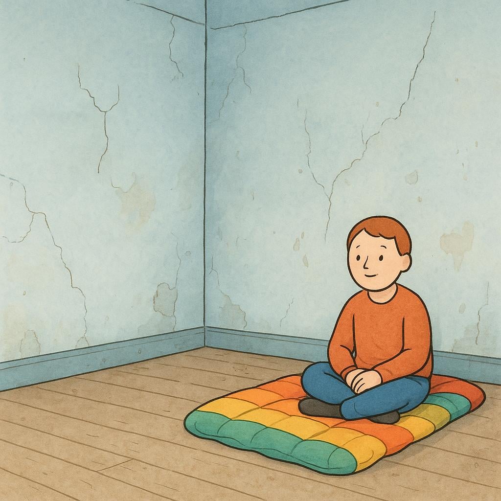 A simply drawn person sits quietly on a sleeping bag in the corner of a large, empty, slightly dilapidated room of an old house.