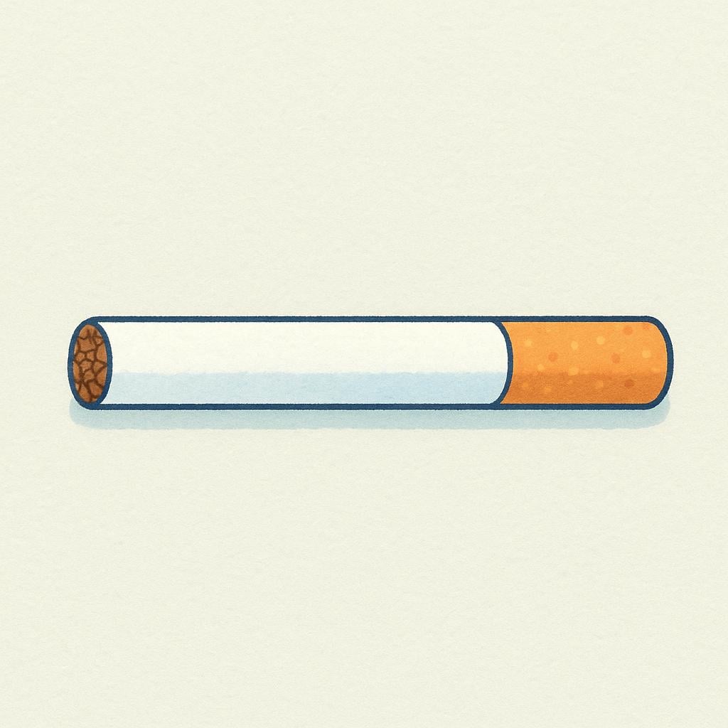 A high quality illustration of a single, unlit cigarette, clearly showing the white paper wrapper and the brown tobacco packed inside.