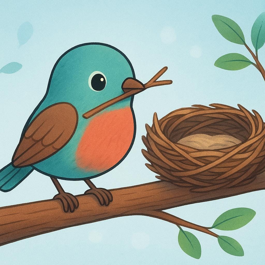 Eine farbenfrohe Bilderbuchillustration, die einen kleinen Vogel zeigt, der einen Zweig hält und auf einem Ast neben einem halbfertigen Nest steht, was natürliches, unerlerntes Verhalten demonstriert.