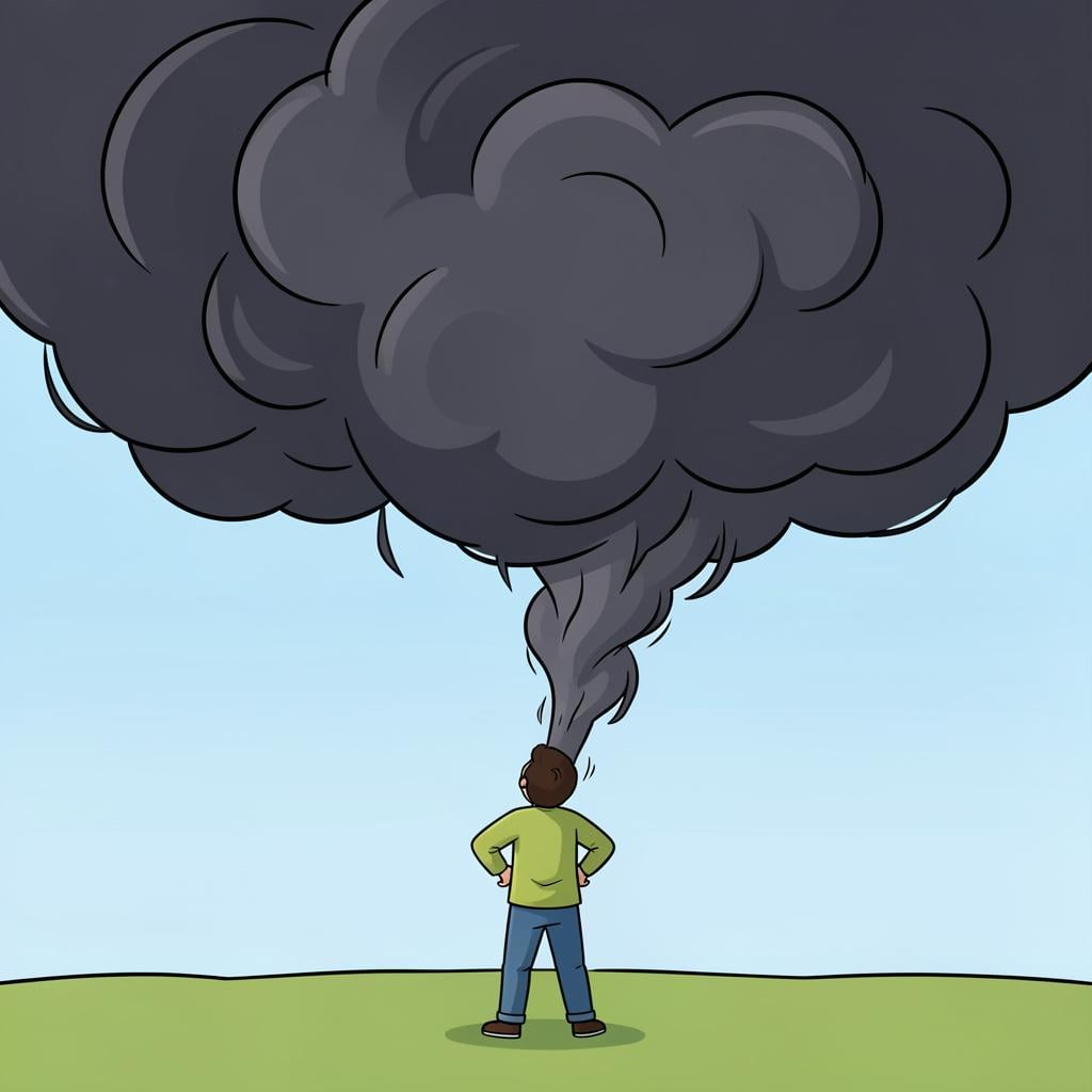 A person standing bravely in front of a giant, dark storm cloud.