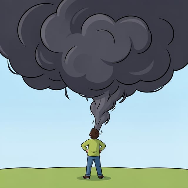 Uma pessoa em pé corajosamente em frente a uma nuvem de tempestade escura e gigante.