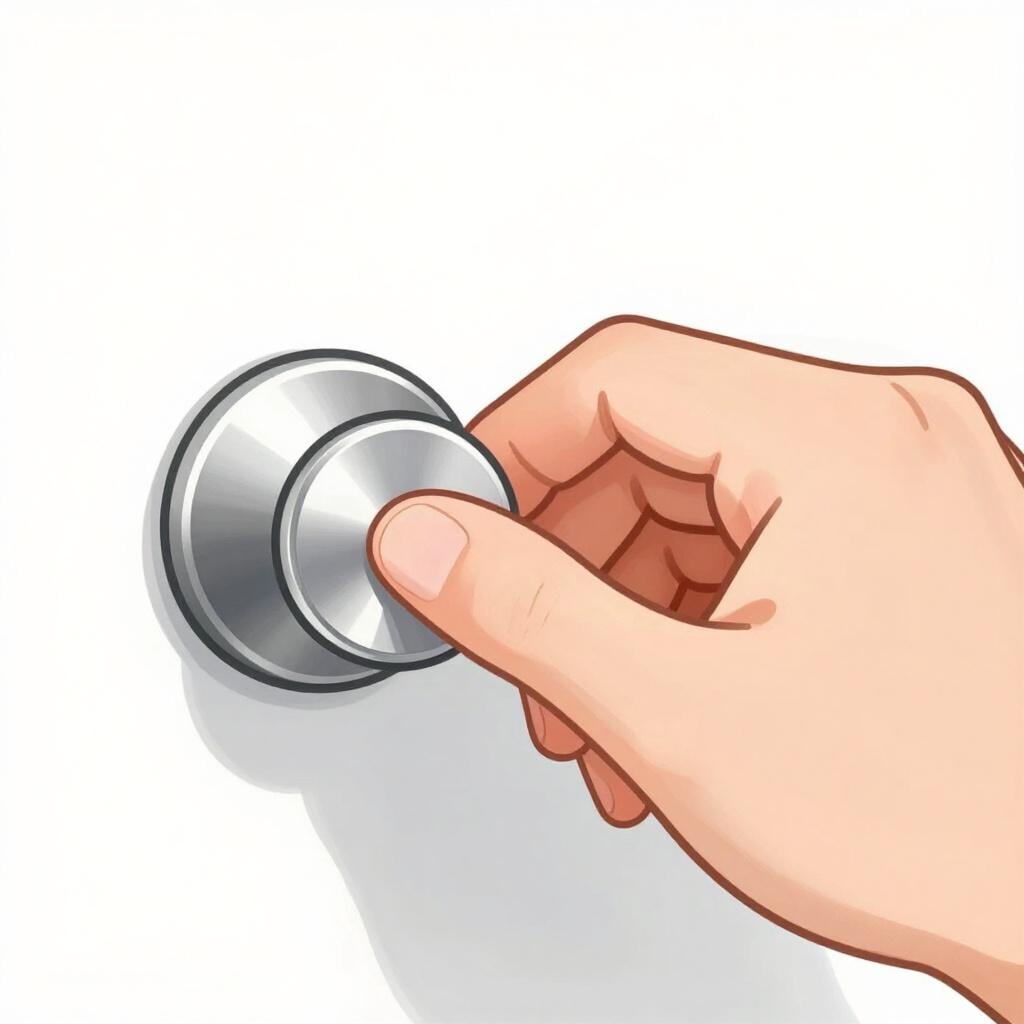 A hand turning a round metallic dial on a smooth surface.