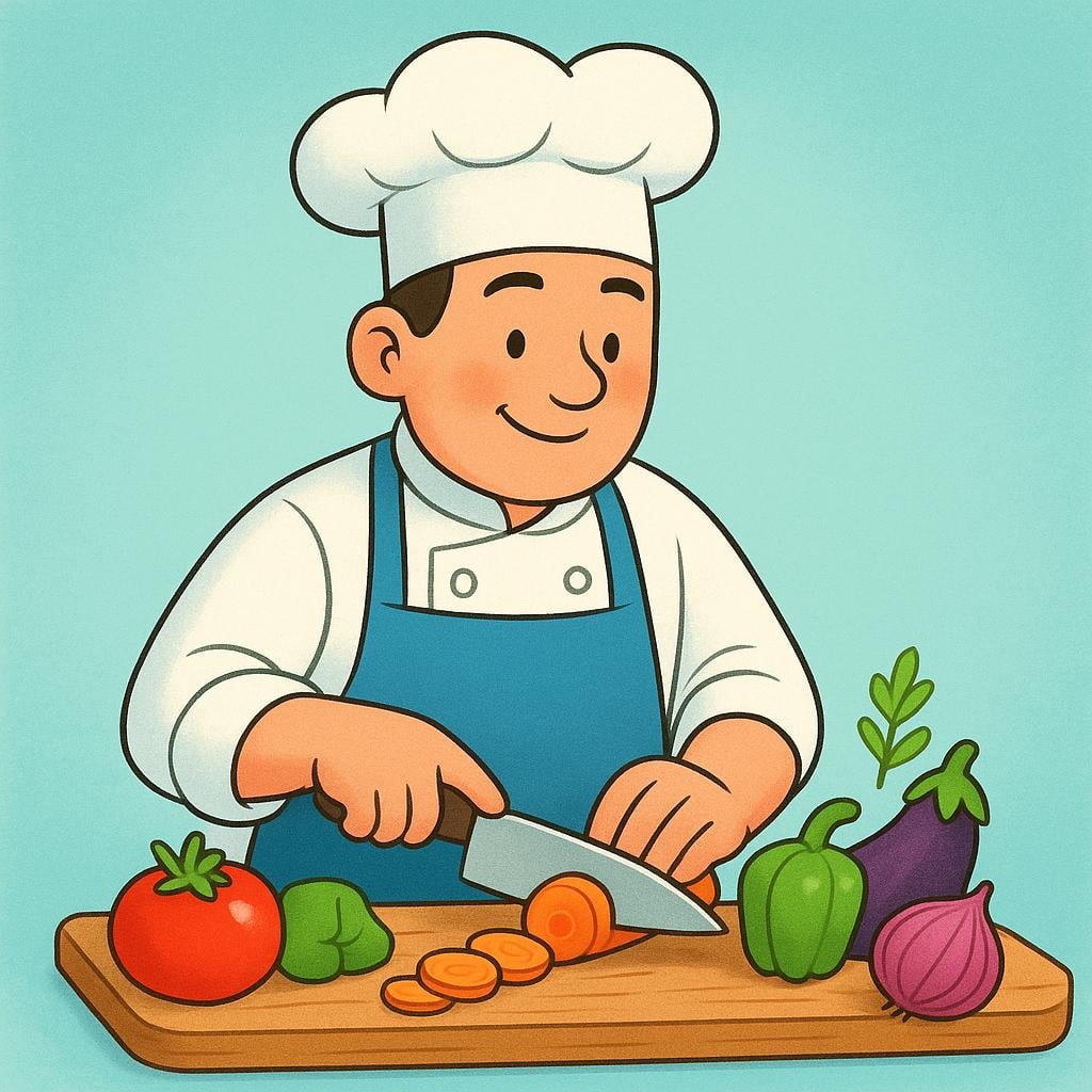 A friendly cartoon chef in a white hat chopping colorful vegetables on a wooden cutting board in a clean kitchen setting.