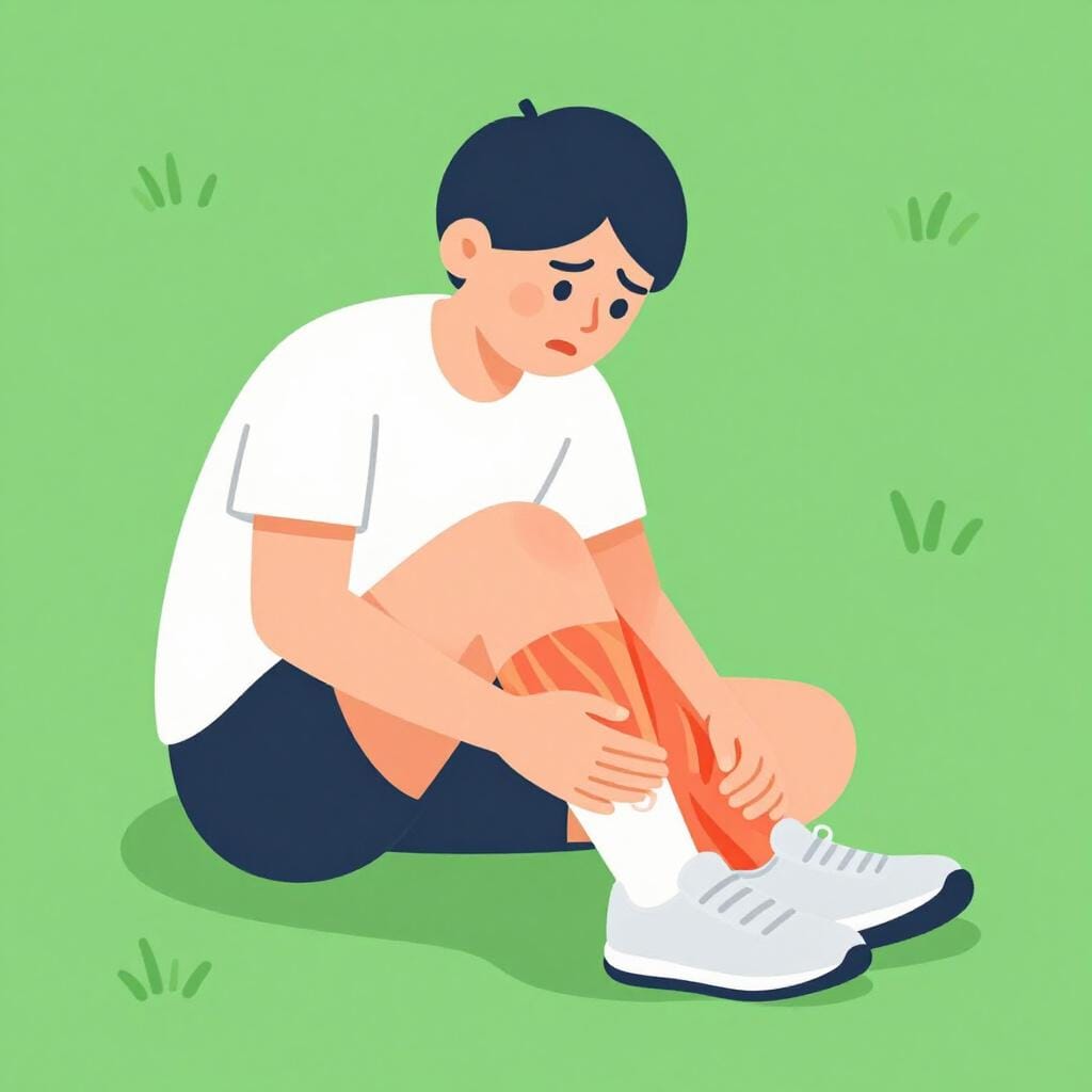 An athlete sitting on the grass holding their calf in pain.