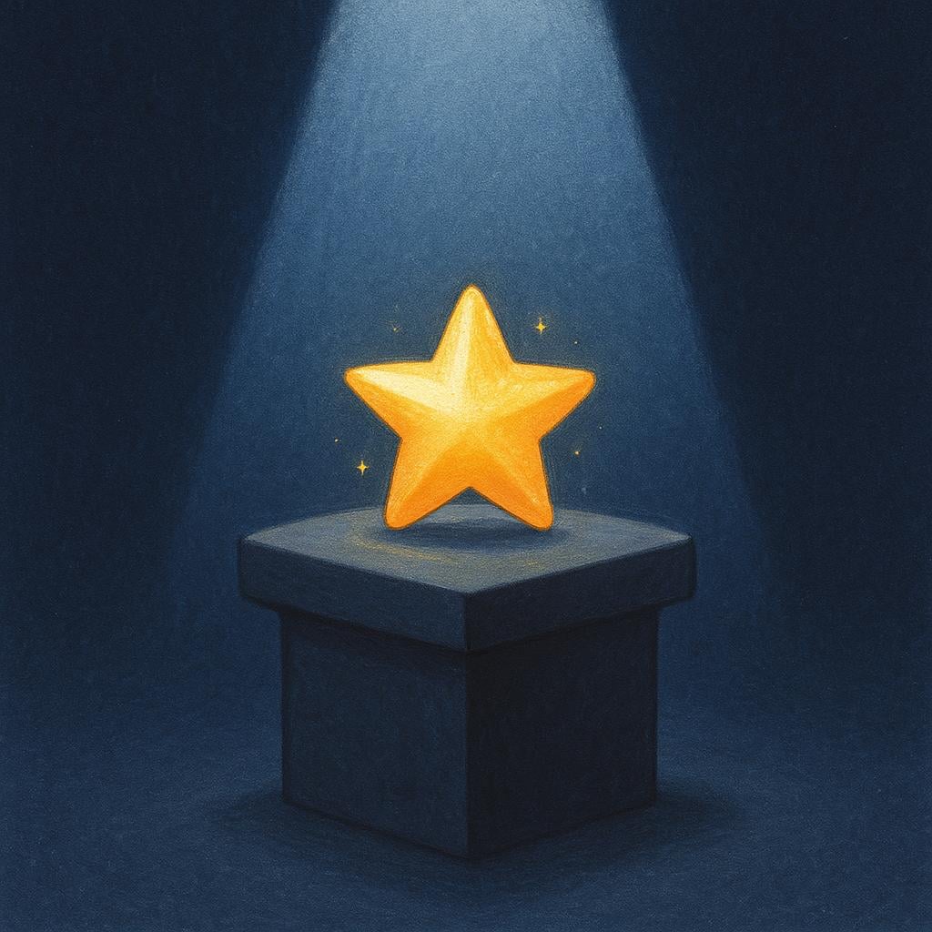 A single, small, brightly glowing golden star placed carefully on a dark, empty pedestal, suggesting high importance.