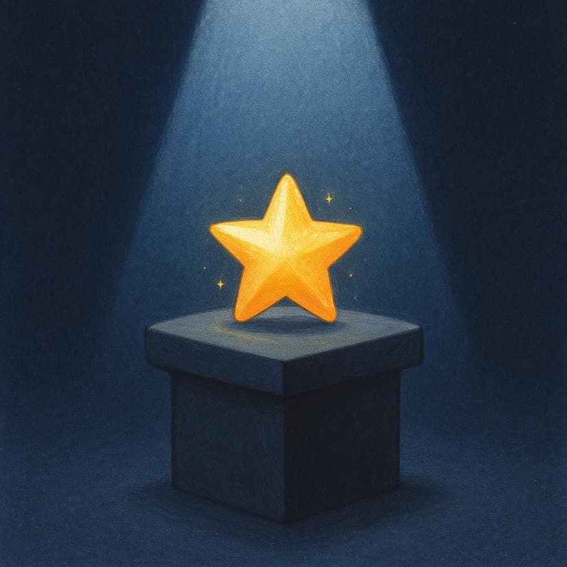 Ein einzelner, kleiner, hell leuchtender goldener Stern, der vorsichtig auf einem dunklen, leeren Sockel platziert ist und hohe Wichtigkeit suggeriert.