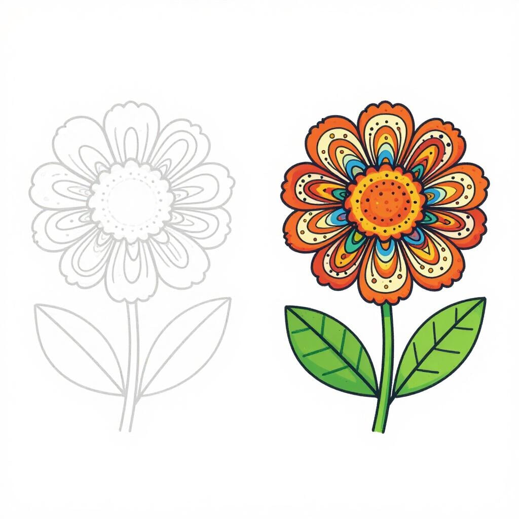 A simple drawing of a flower next to a much more detailed drawing of the same flower with many petals and leaves.