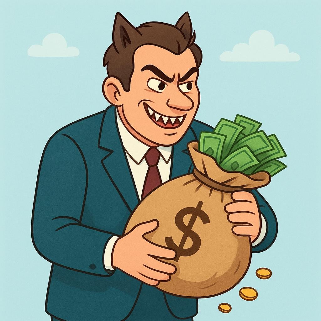 A man in a business suit with a sly and greedy expression, featuring subtle wolf-like ears and sharp teeth, holding a large sack overflowing with money.